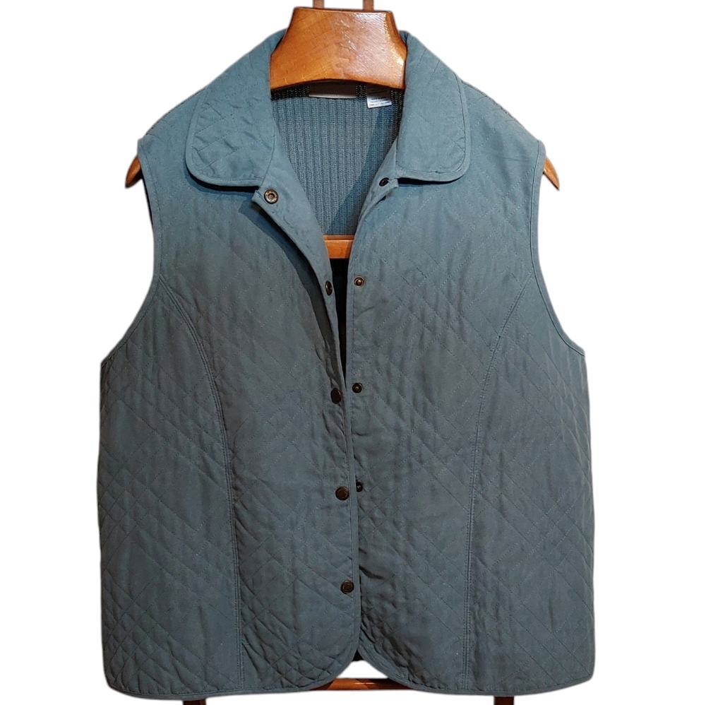Alfred Dunner Quilted And Knit Sweater Vest Snap Buttons 16W Dusty Blue EUC